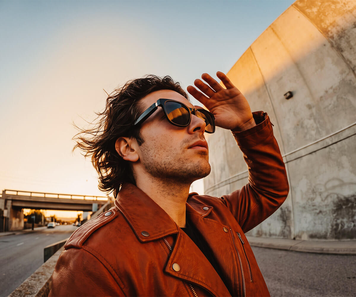A man wearing a brown leather jacket and black smart glasses stands outdoors against a concrete wall at sunset, shielding his eyes with his hand.