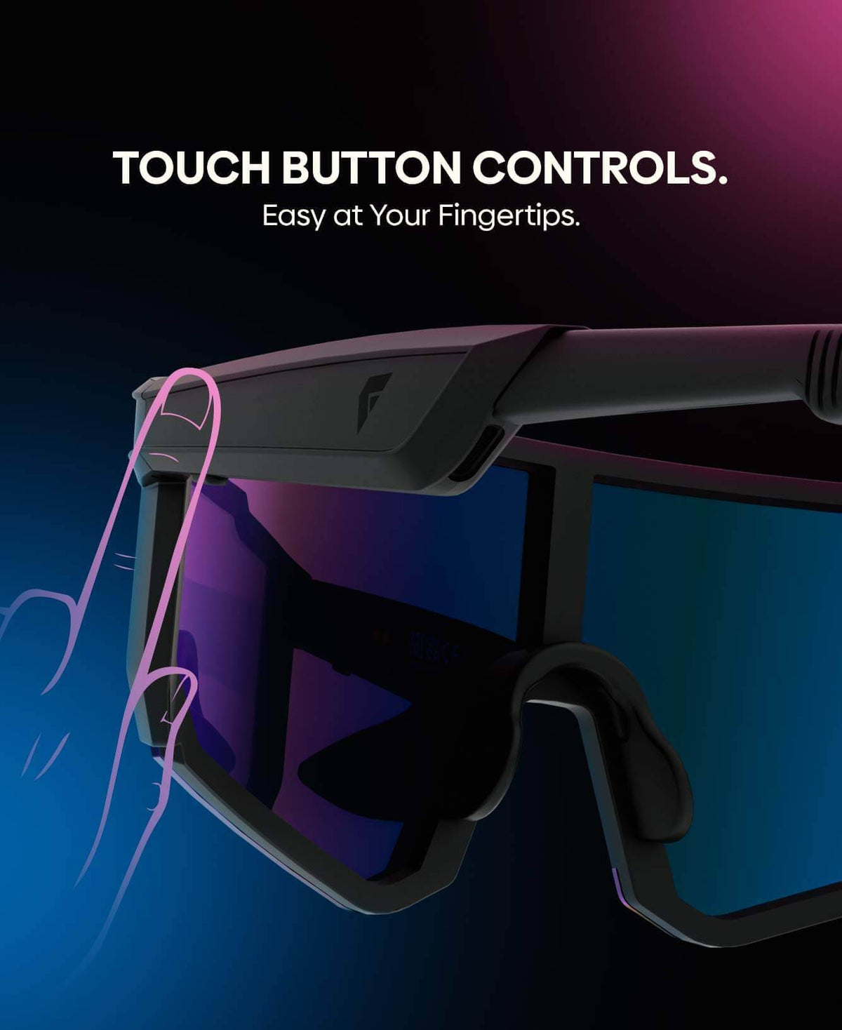 A close-up of a futuristic pair of wraparound sports smart glasses with a dark frame and mirrored lenses, shown against a blue-to-purple gradient background with the text 'TOUCH BUTTON CONTROLS. Easy at Your Fingertips.
