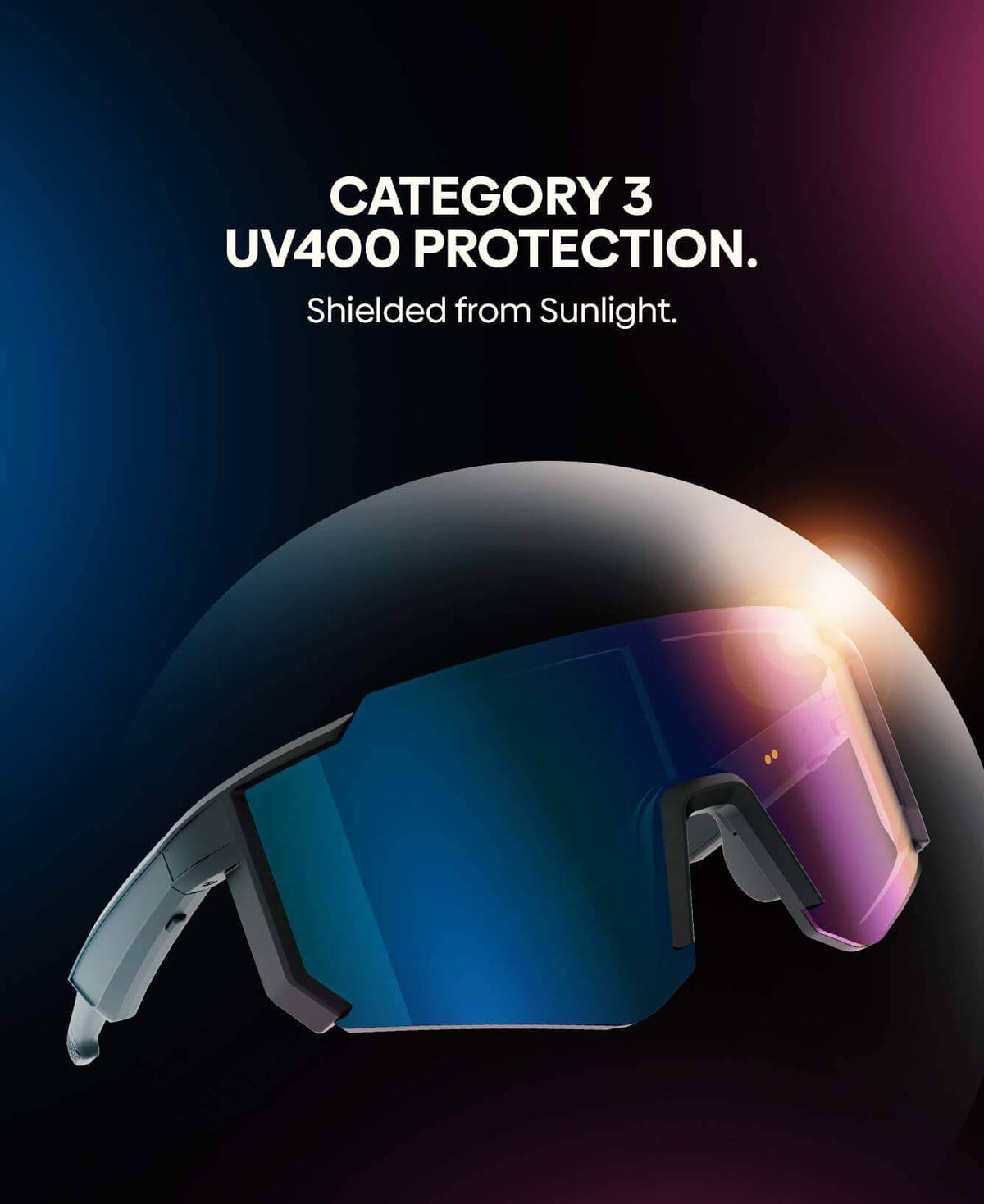 Sport smart glasses with a large blue-to-purple mirrored lens and gray temples, shown with promotional text reading 'CATEGORY 3 UV400 PROTECTION. Shielded from Sunlight.