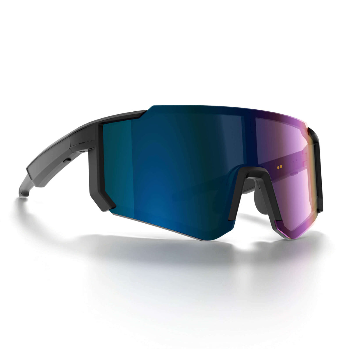 Shield-style sports smart glasses with a dark gray frame and a large mirrored lens shifting from deep blue to purple-pink, shown on a clean white background.