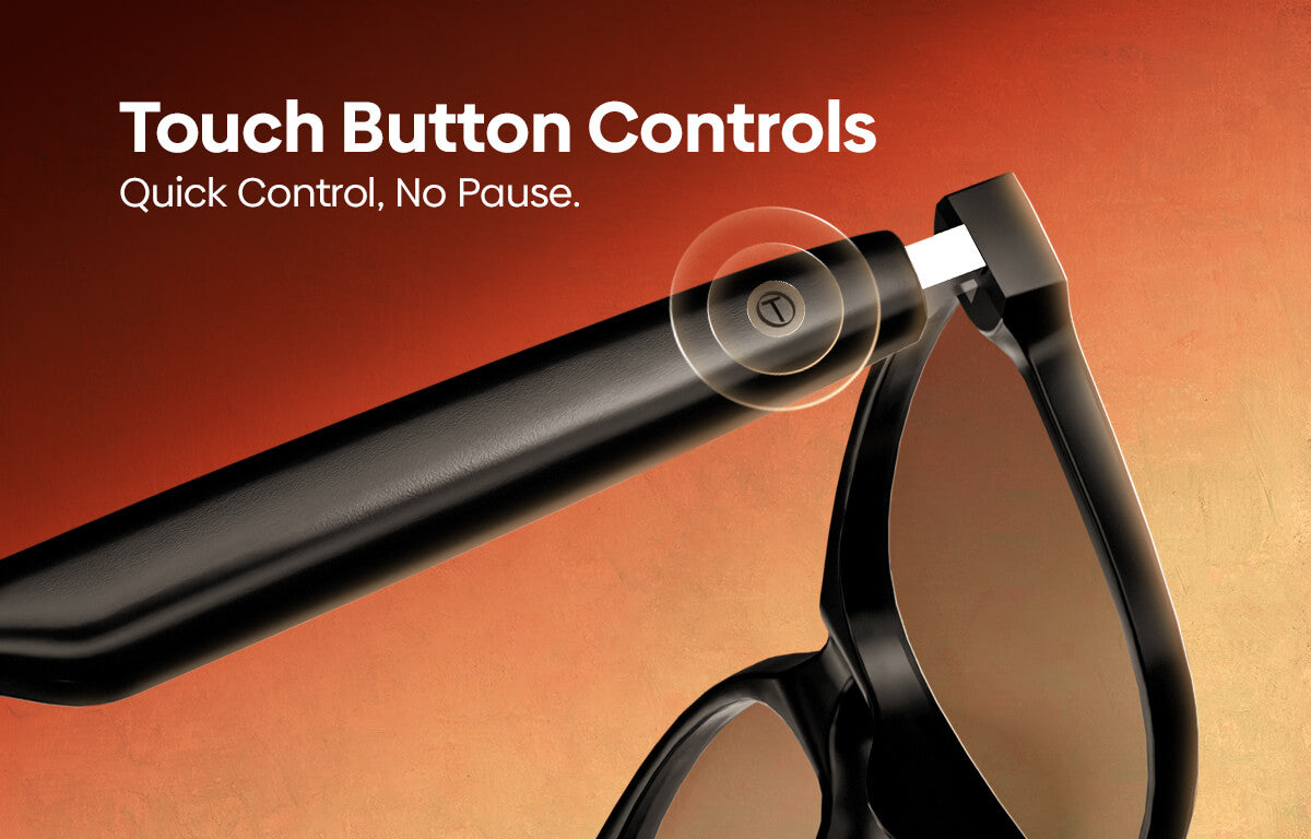 Close-up of black smart glasses with a touch button control on the temple arm, shown against a warm orange gradient background with the text 'Touch Button Controls' and 'Quick Control, No Pause.'.