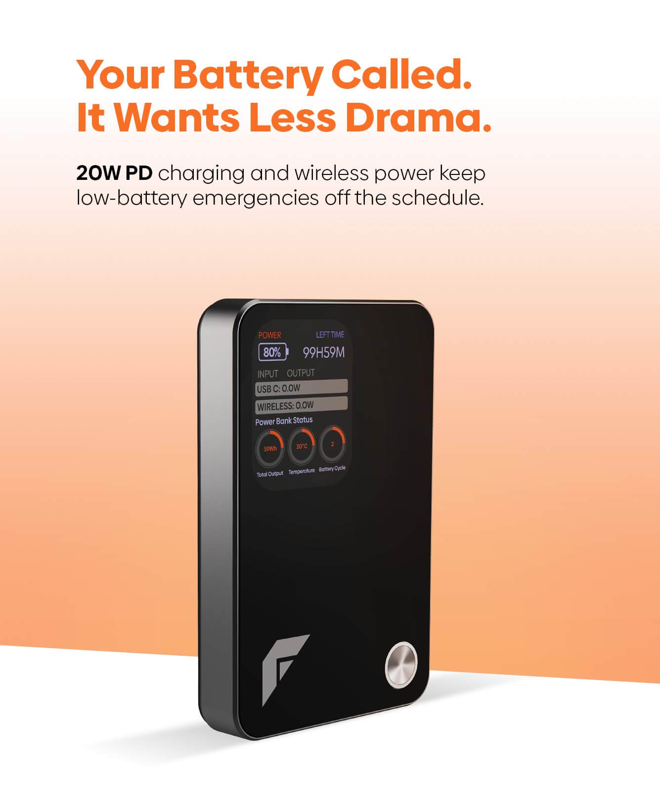 A black portable power station with a digital display and circular power button, shown on a peach-to-white gradient background with promotional text at the top.
