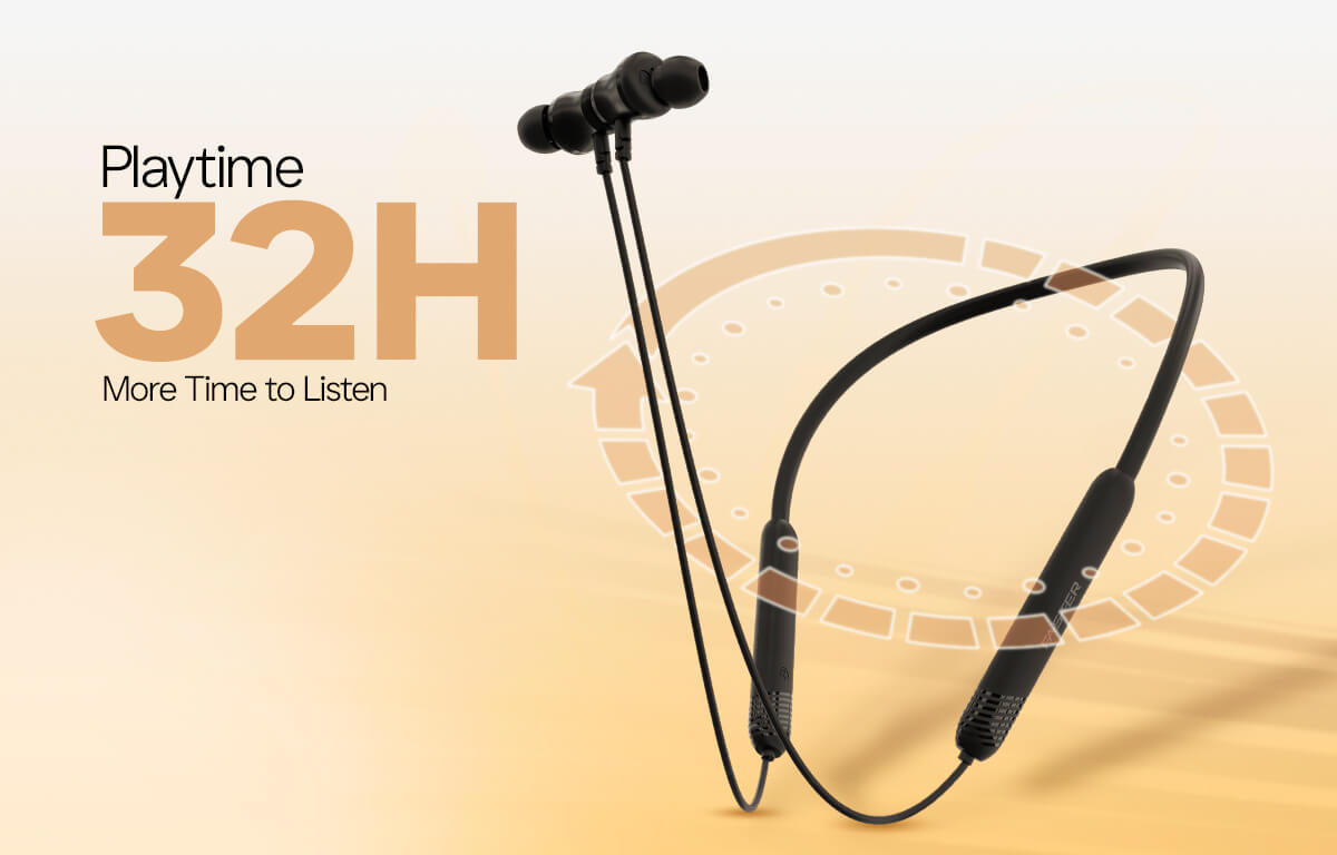 Black neckband wireless with a cable, shown on a warm beige gradient background with promotional text reading 'Playtime 32H More Time to Listen' and a faint circular graphic.