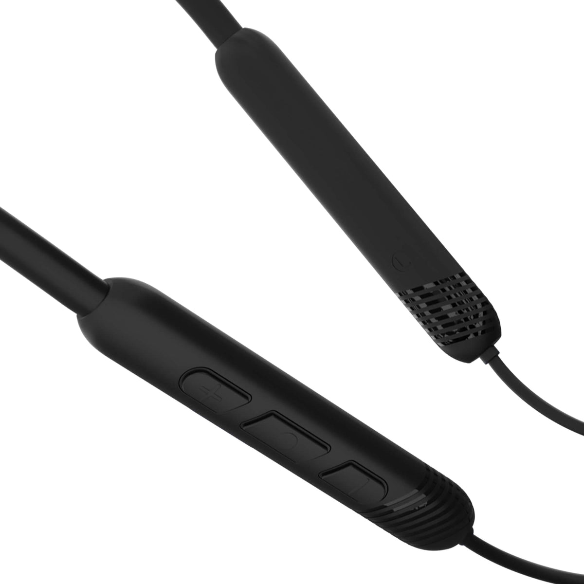 Close-up of a black wireless nackband with an inline remote control and cable on a plain white background.