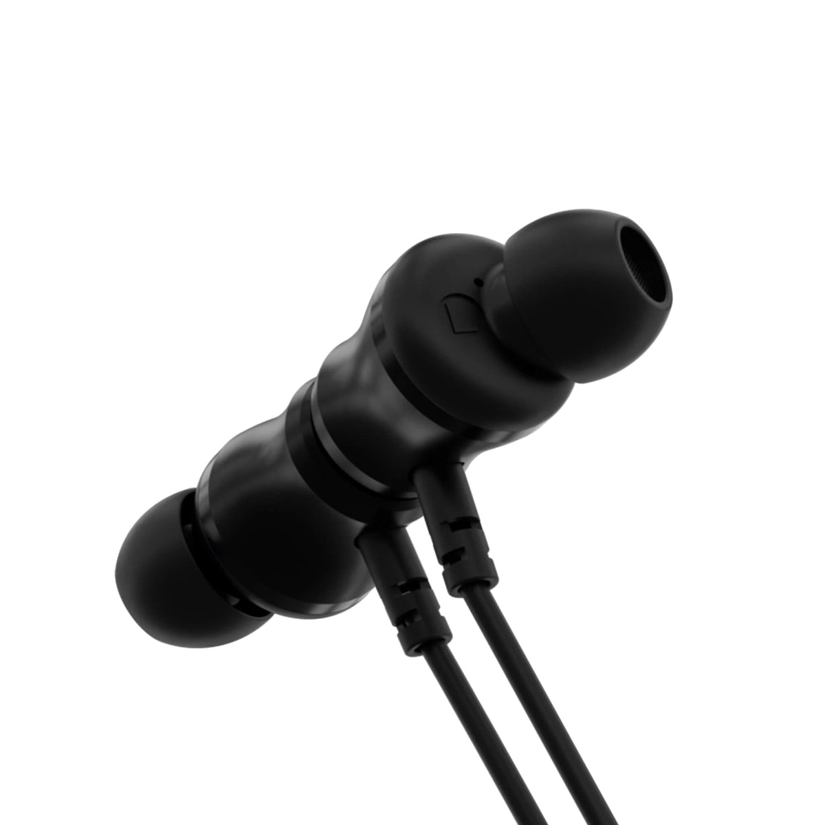 Black in-ear wireless nackband shown at an angle on a plain white background.