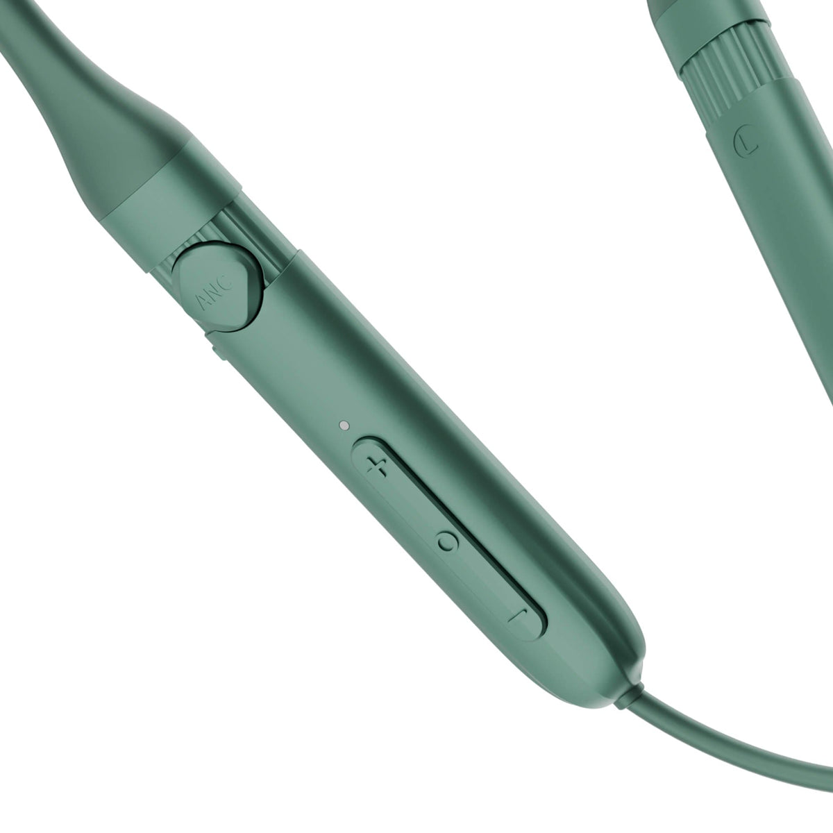 A close-up of a teal green wired electronic device, likely a speaker or control module, showing the inline control buttons and a textured connector on a white background.
