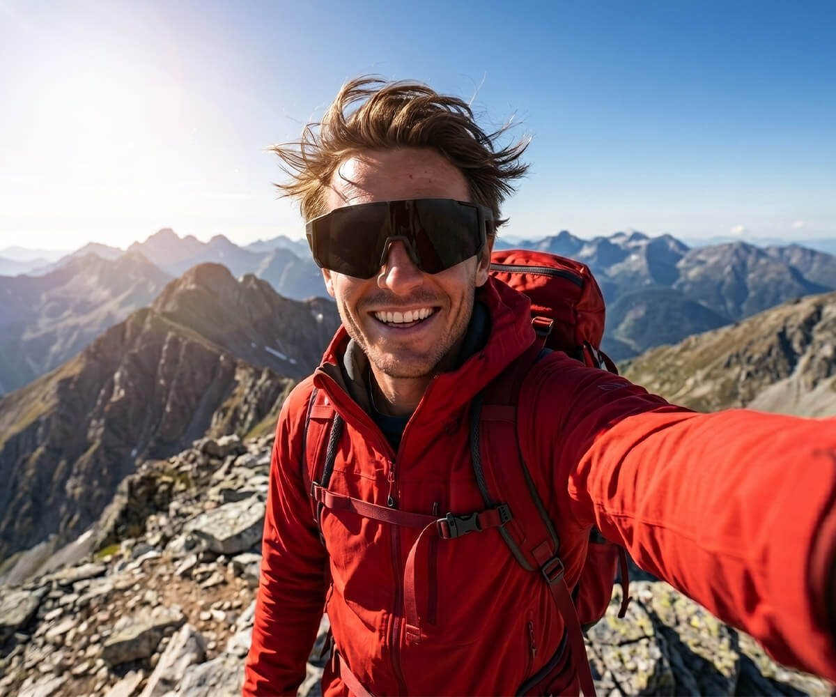 A smiling man wearing a red hiking jacket, black sunglasses, and a red backpack takes a selfie on a mountain peak with rocky terrain and blue sky in the background.