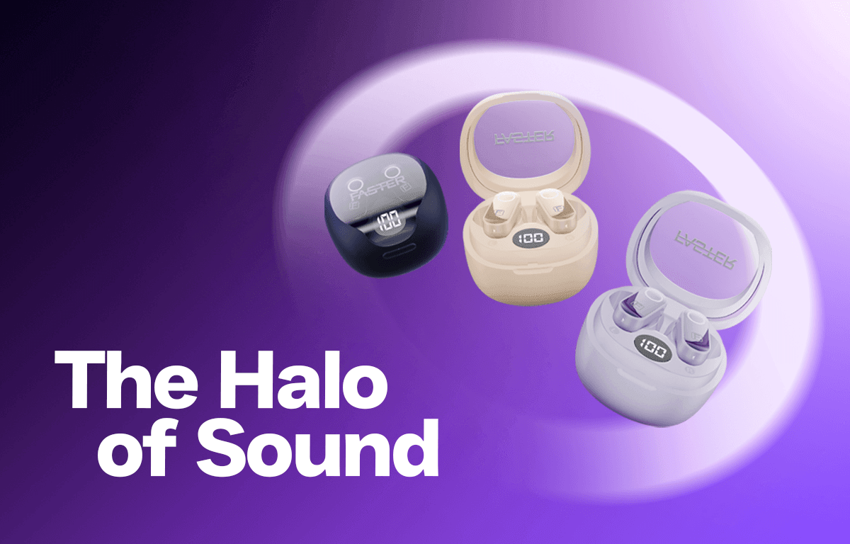 Three pairs of wireless in-ear earbuds with their open charging cases displayed on a purple gradient background, with the text 'The Halo of Sound' in white. The earbuds and cases are shown in black, cream, and light purple/gray colorways.