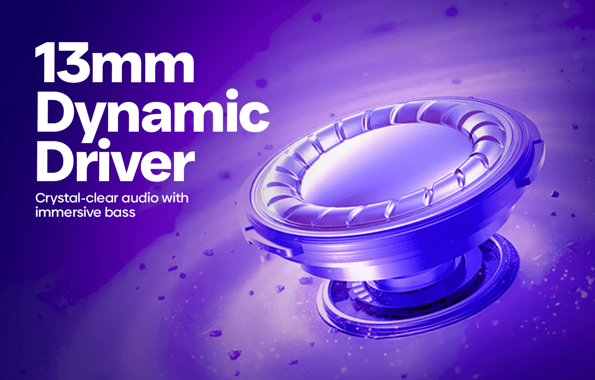 A 3D-rendered dynamic bass driver speaker on a purple gradient background with text reading '13mm Dynamic Driver' and 'Crystal-clear audio with immersive bass.'.