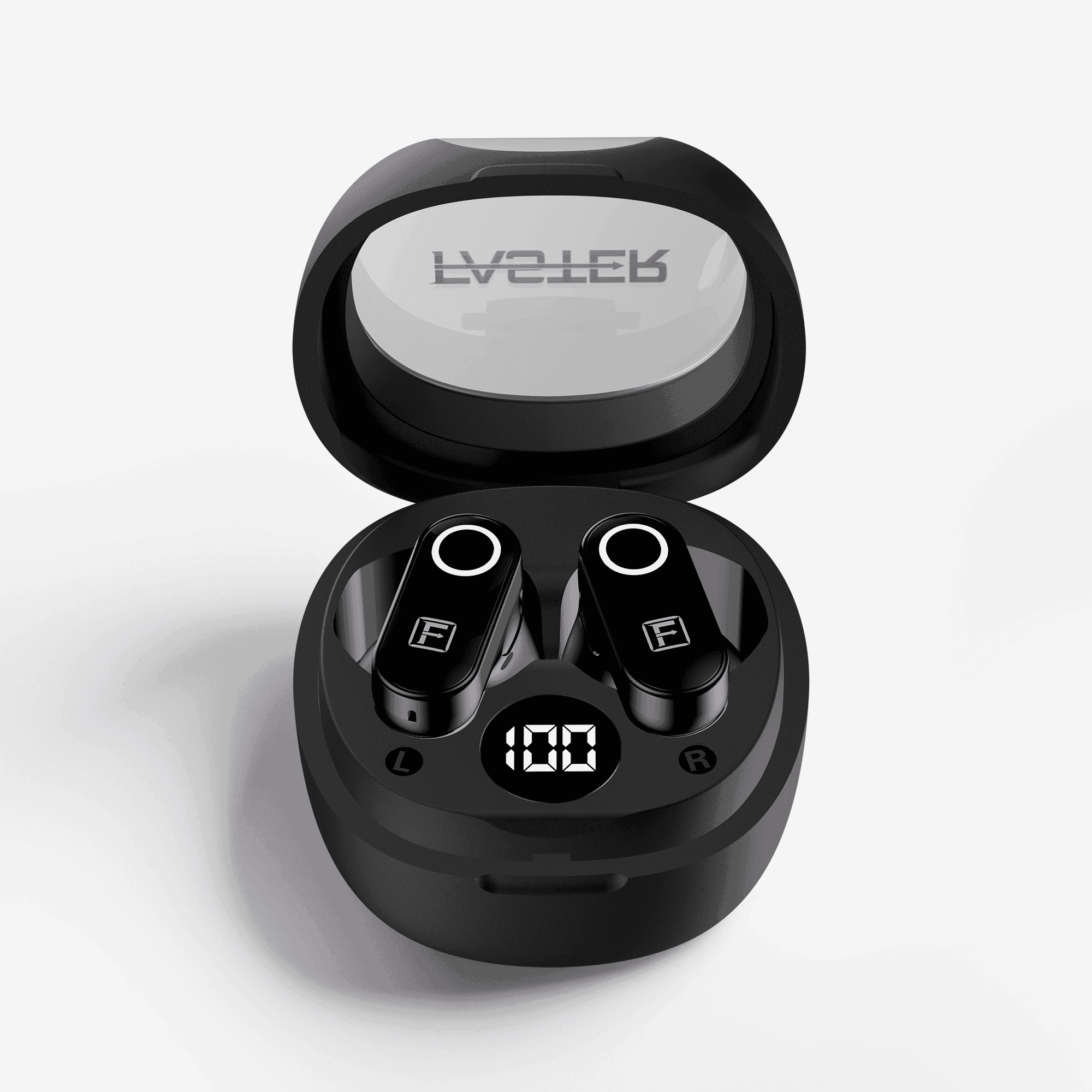 Black wireless earbuds in an open oval charging case with a digital battery display showing 100%, on a light gray background. The brand name 'FASTER' is visible on the inside of the lid.