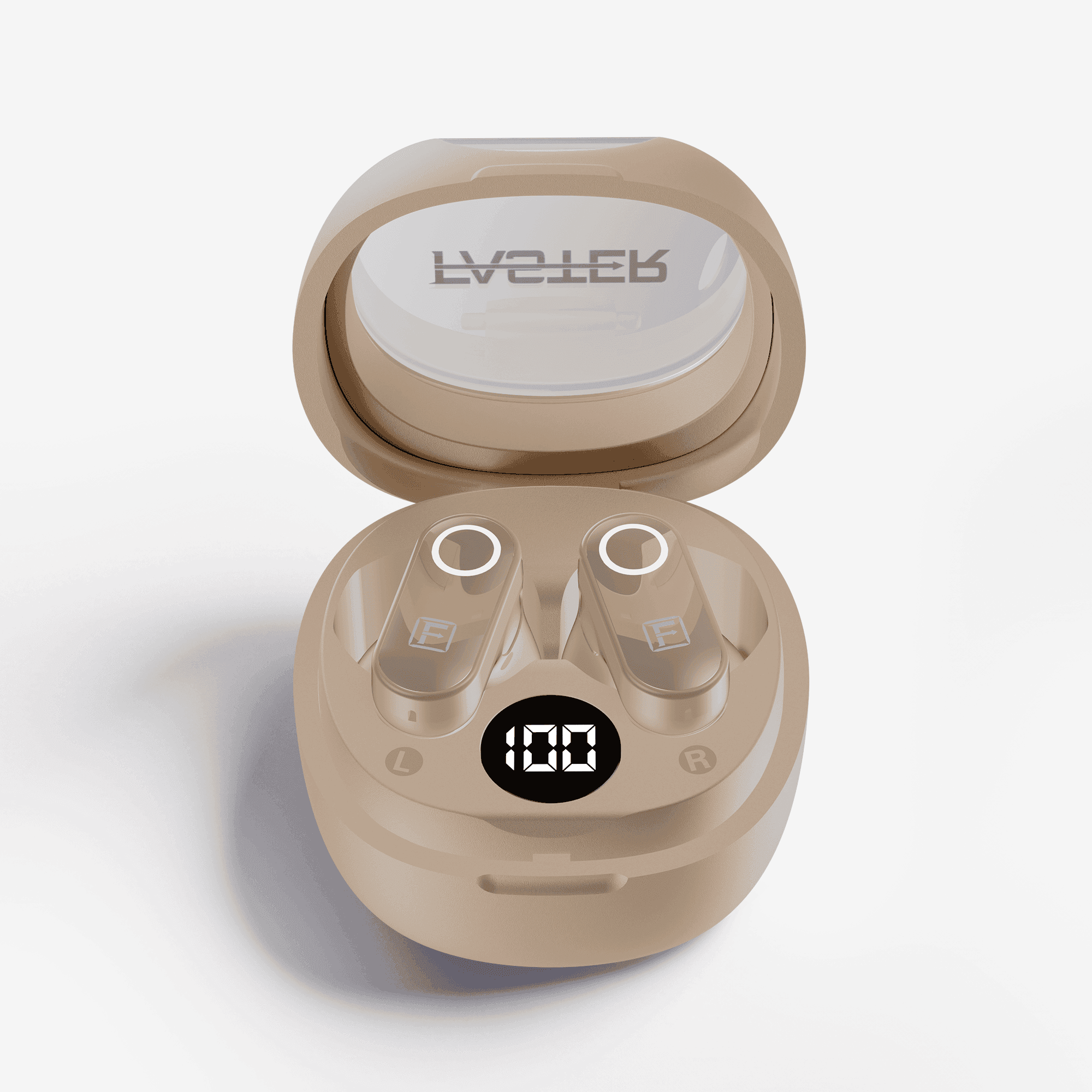 A pair of beige wireless earbuds in an open matching charging case, shown on a clean white background. The case lid has the brand name 'FASTER' printed on it, and the front of the case features a small digital LED display showing '100'.