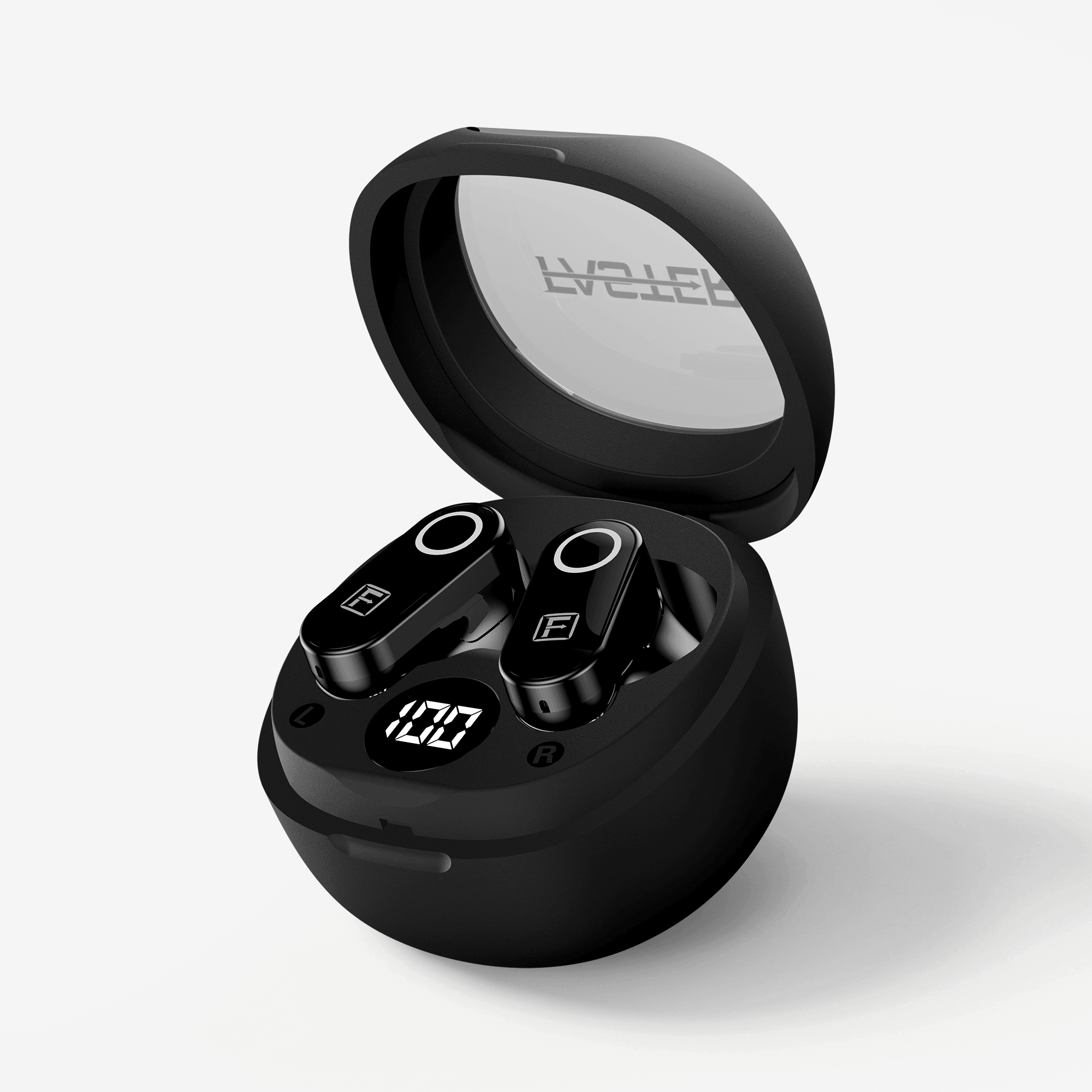 Black true wireless earbuds in an open round charging case, shown on a clean light gray background. The case lid has a transparent window with the brand name 'FASTER' visible inside, and the earbuds have circular touch controls.