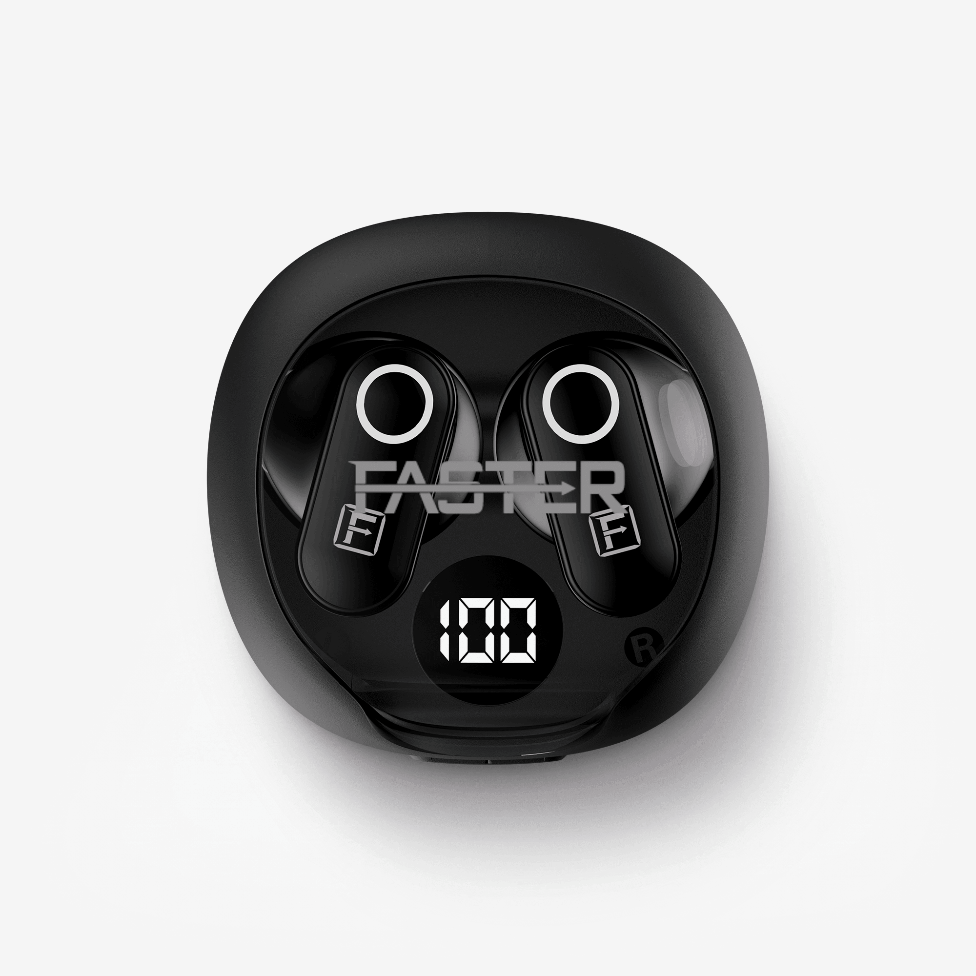 A pair of black wireless earbuds resting inside their matching black charging case, which features a glossy finish, circular ear hooks, and a digital display showing '100'.