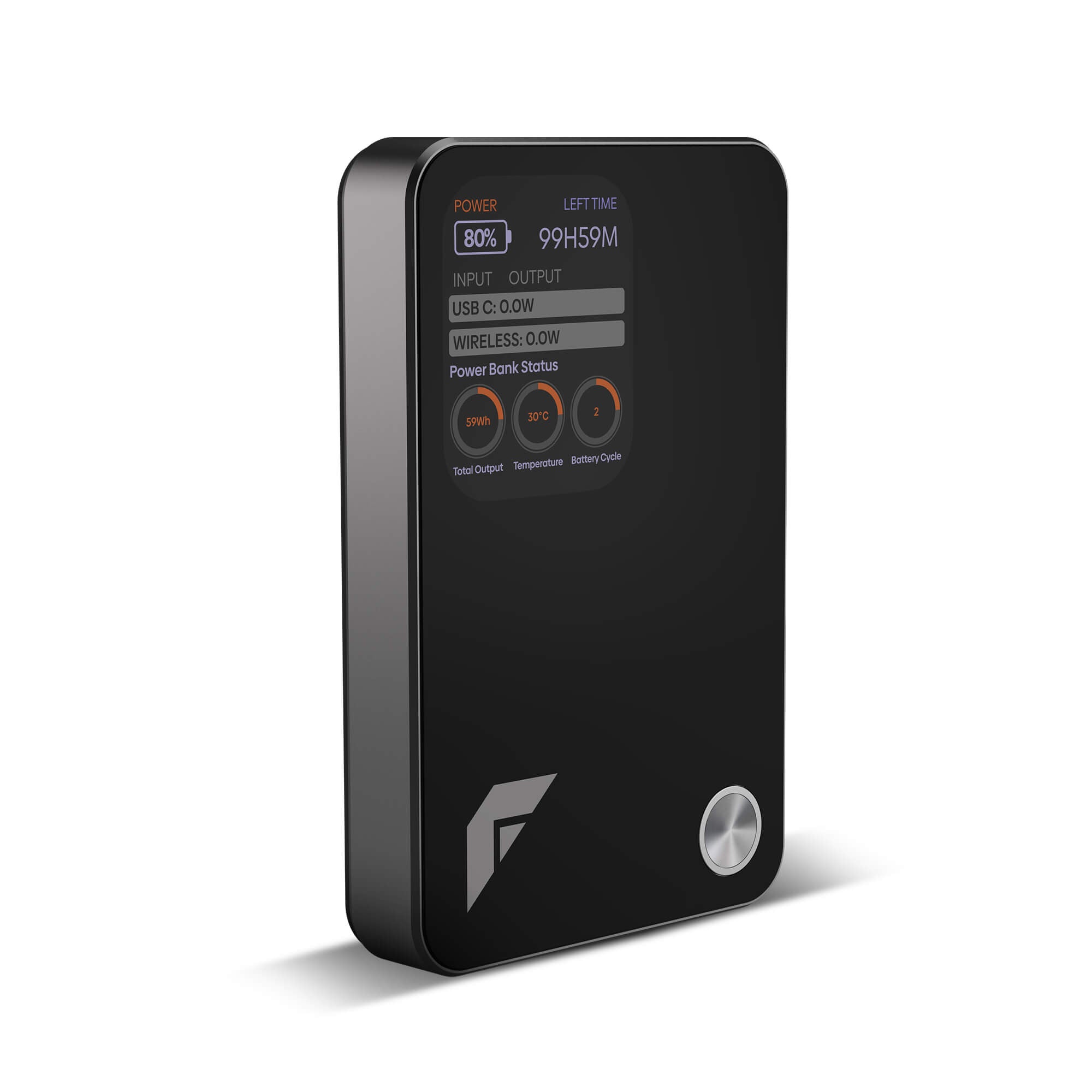 A black rectangular portable power bank with rounded corners, a digital status display on the front, three circular buttons, and a silver power button, shown on a white background.
