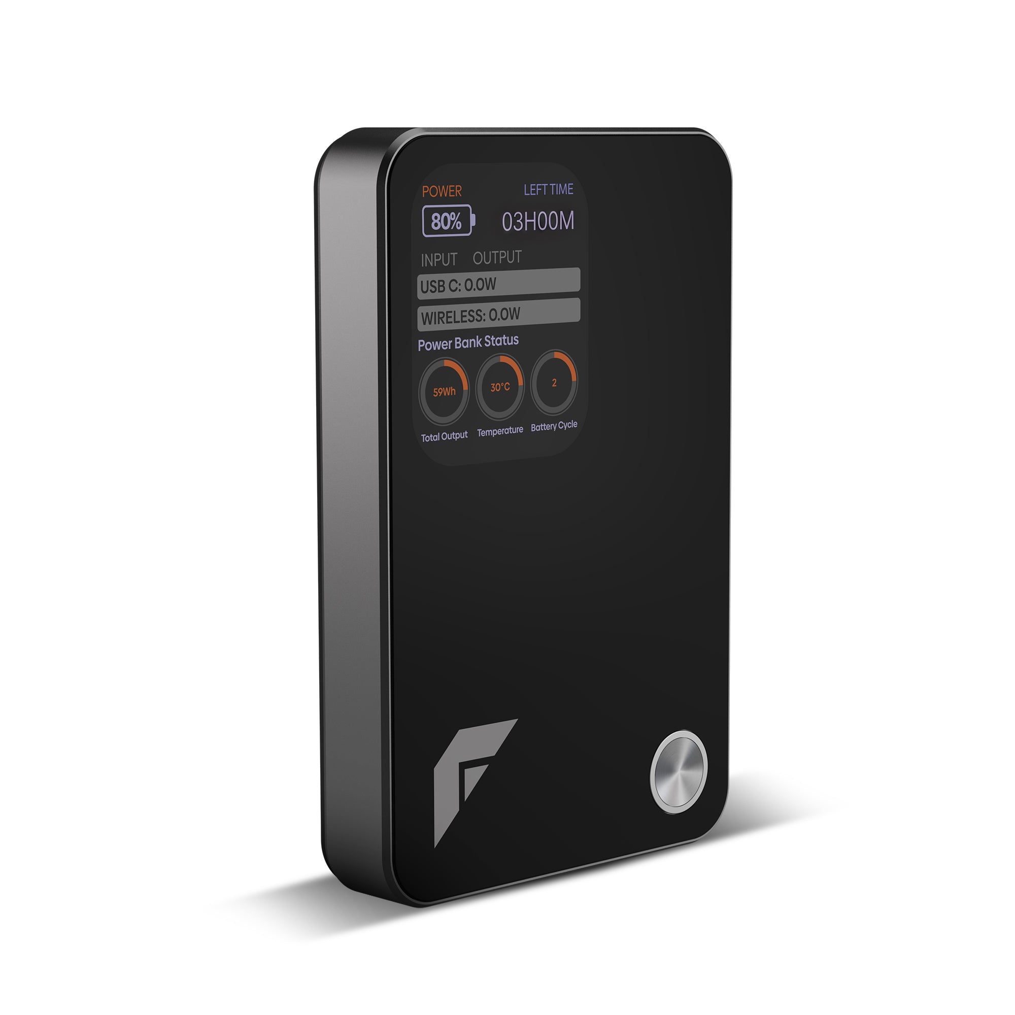 A black rectangular portable power bank with rounded corners, a digital status display on the front, three circular buttons, and a silver power button, shown on a white background.