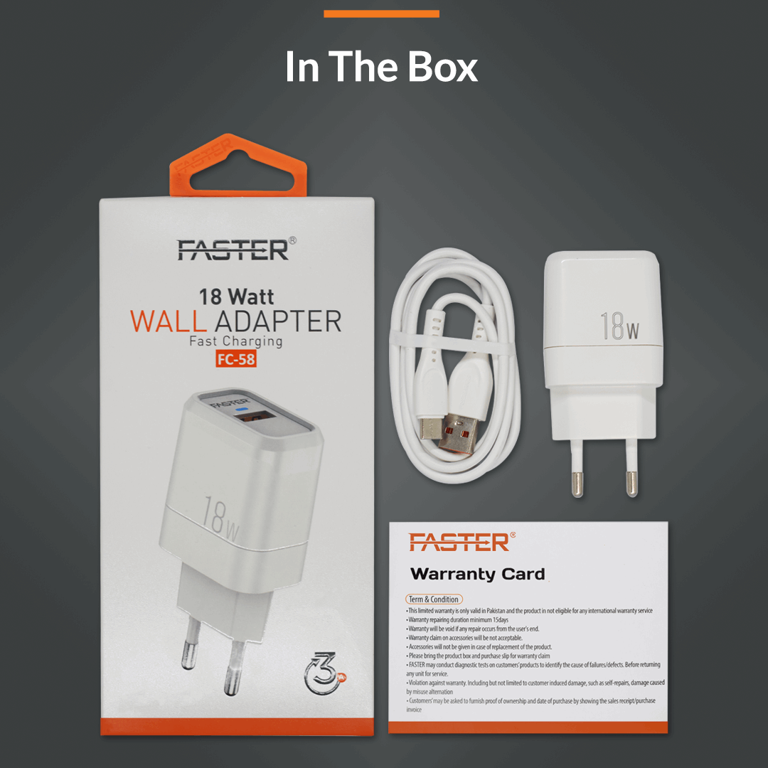 FASTER FC-58 Fast Charging Wall Adapter 18W Qualcomm QC 3.0A