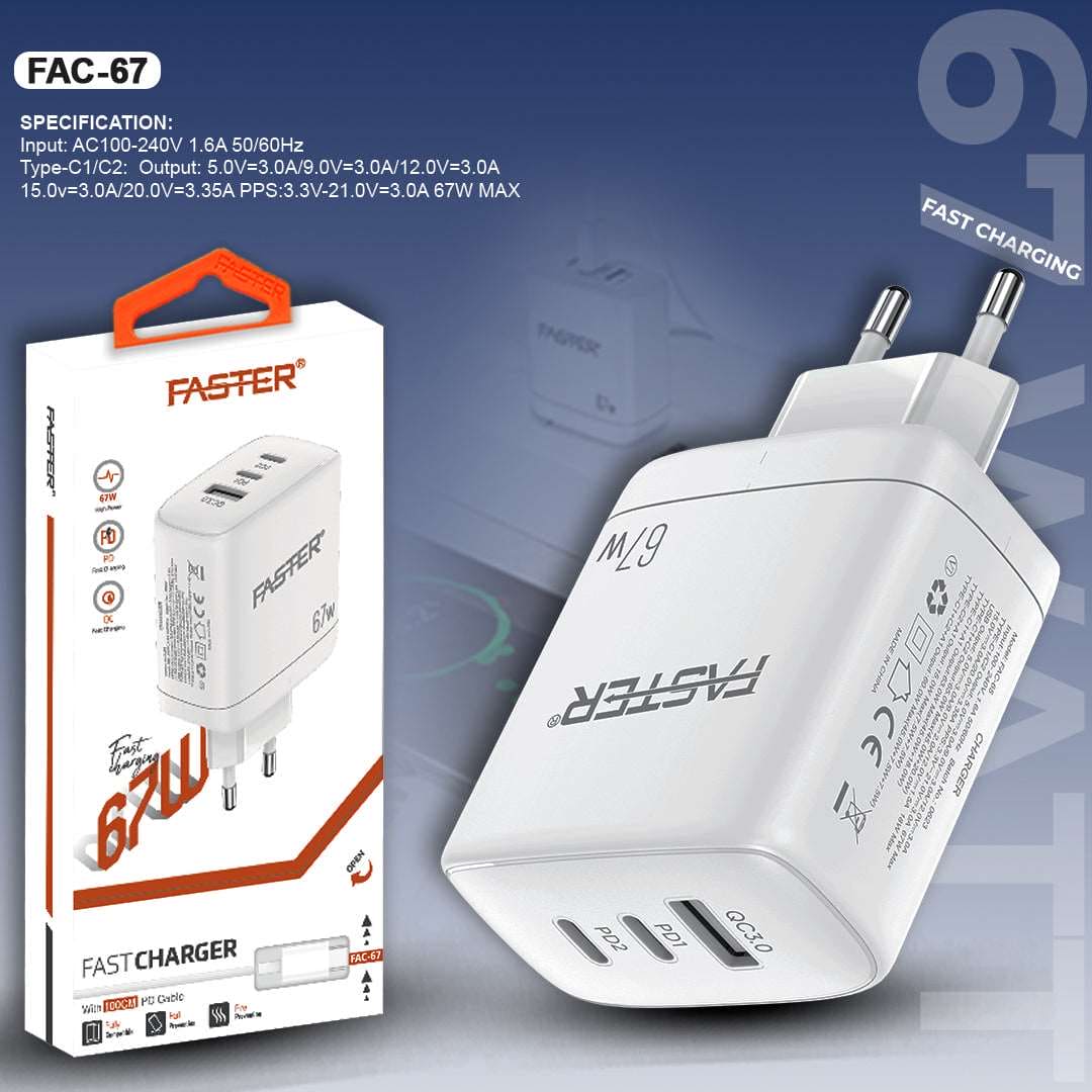 FASTER PD-67W USB-C Super Fast Charging Wall Charger QC 3.0A With PD Cable