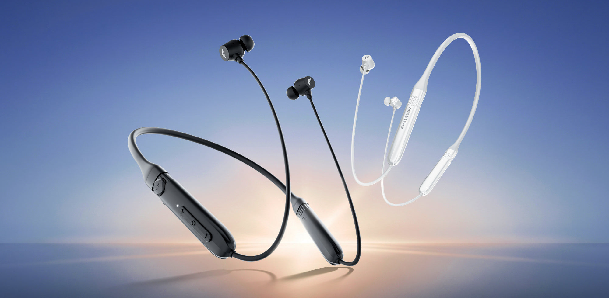 Two pairs of wireless in-ear neckbands are shown on a blue gradient background, one in dark gray/black and one in white, both with neckband-style earphones.
