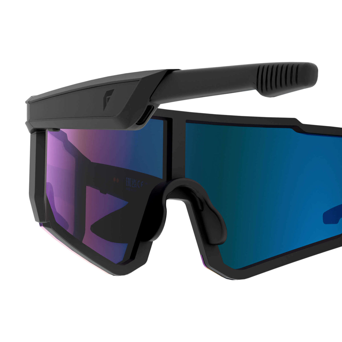 Black shield-style smart glasses with a thick protective frame and large mirrored lenses showing blue, purple, and black reflections, photographed on a clean white background.
