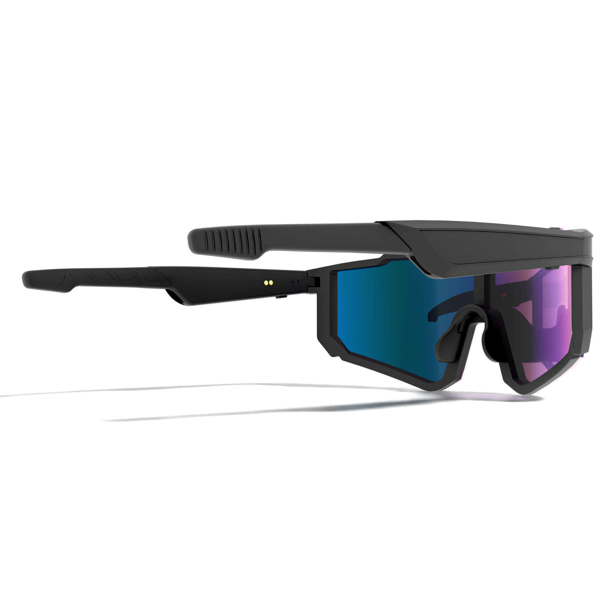 Black Oakley smart glasses with a matte black frame and shield-shaped lenses featuring a blue-to-purple mirrored gradient, shown on a clean white background.