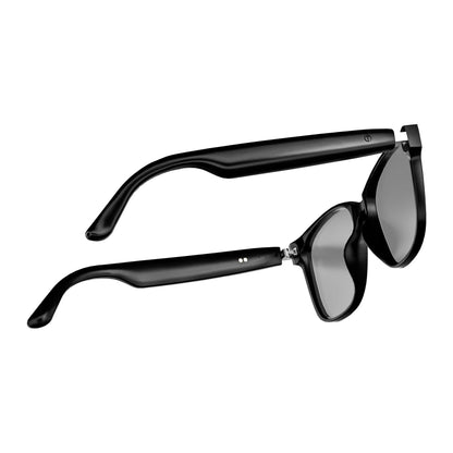 Black wrap-around smart glasses with dark tinted lenses, shown from a side angle on a plain white background.