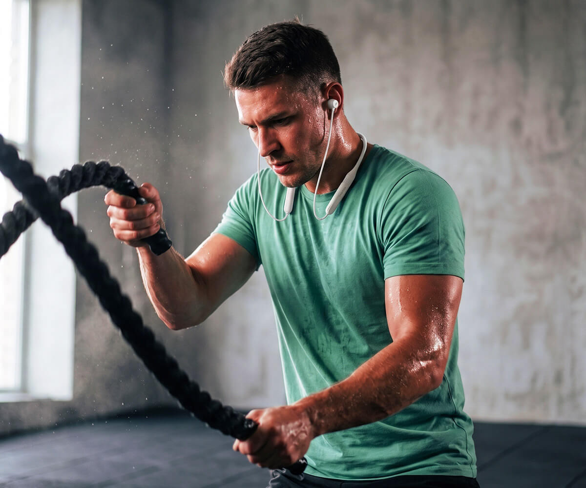 A man in a green athletic t-shirt and white neckband is intensely working with battle ropes in a gym setting.