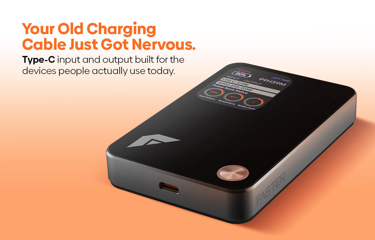 A sleek black and dark gray portable power bank with a digital display and a metallic circular button, shown on an orange gradient background with promotional text.
