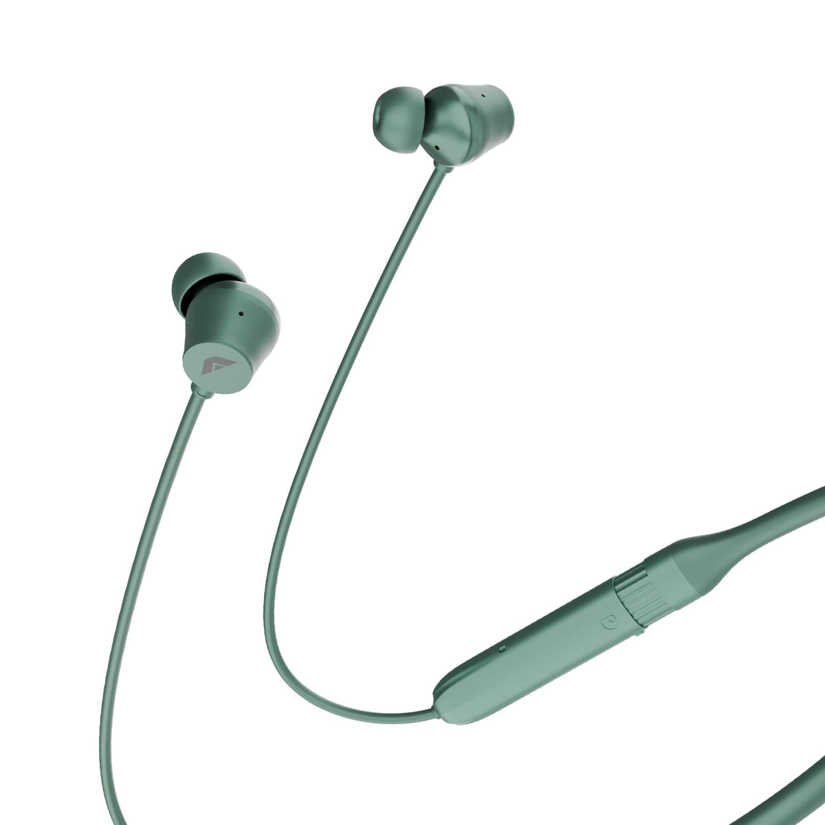 Green wireless in-ear earphones with a matching neckband cable and inline remote, shown on a plain white background.