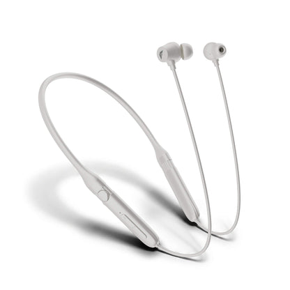 White wireless neckband earphones with in-ear tips, shown on a clean white background with a soft shadow.