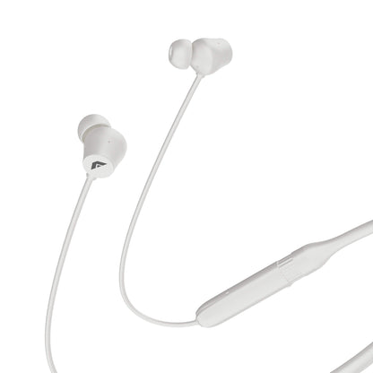 White in-ear wireless headphones with a connecting cable and inline remote control, shown against a solid white background.