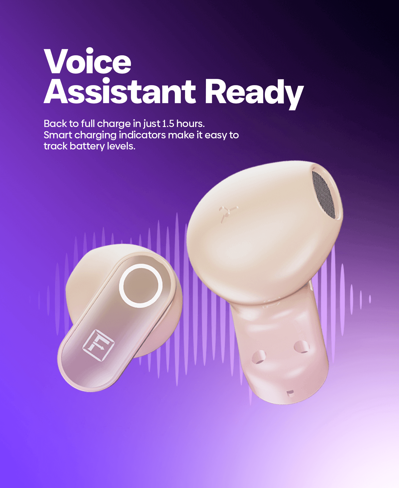 Two wireless earbuds in a pale pink color shown against a purple gradient background with white text reading 'Voice Assistant Ready' and feature copy.