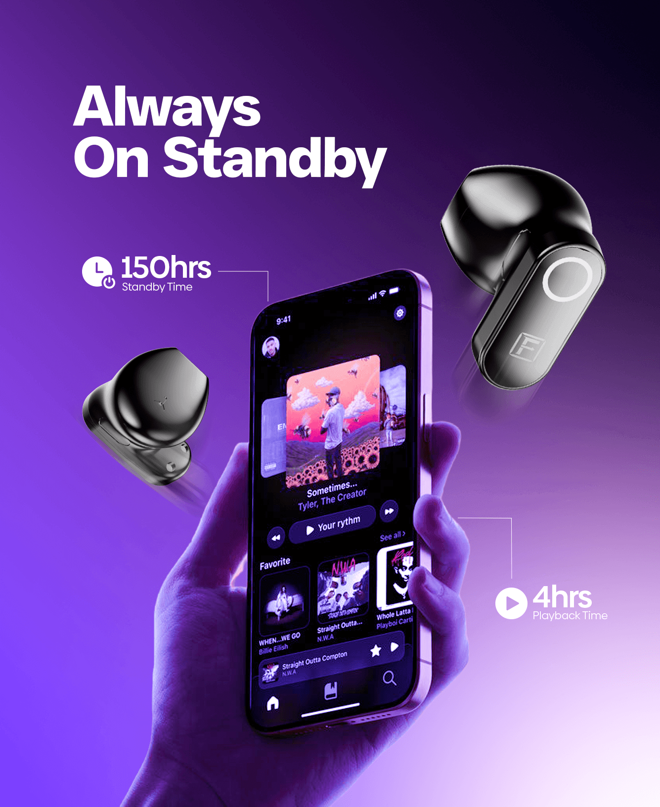 A hand holds a smartphone displaying a music app, with two black wireless earbuds floating around it on a purple gradient background. White text reads 'Always On Standby' and includes battery claims of 150hrs standby time and 4hrs playback time.