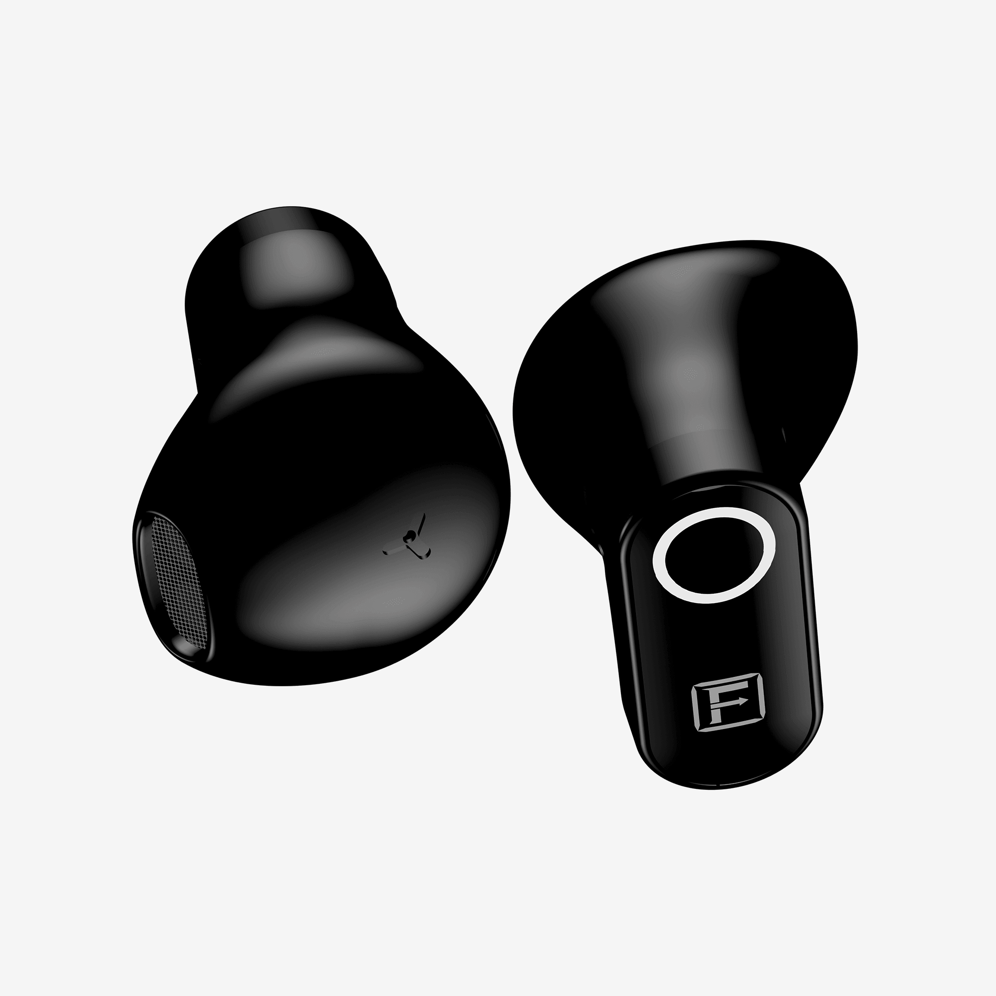 Two black in-ear earbuds shown on a light gray background, one displaying the outer ear tip and the other showing the inner side with a circular opening and a stylized 'F' logo.
