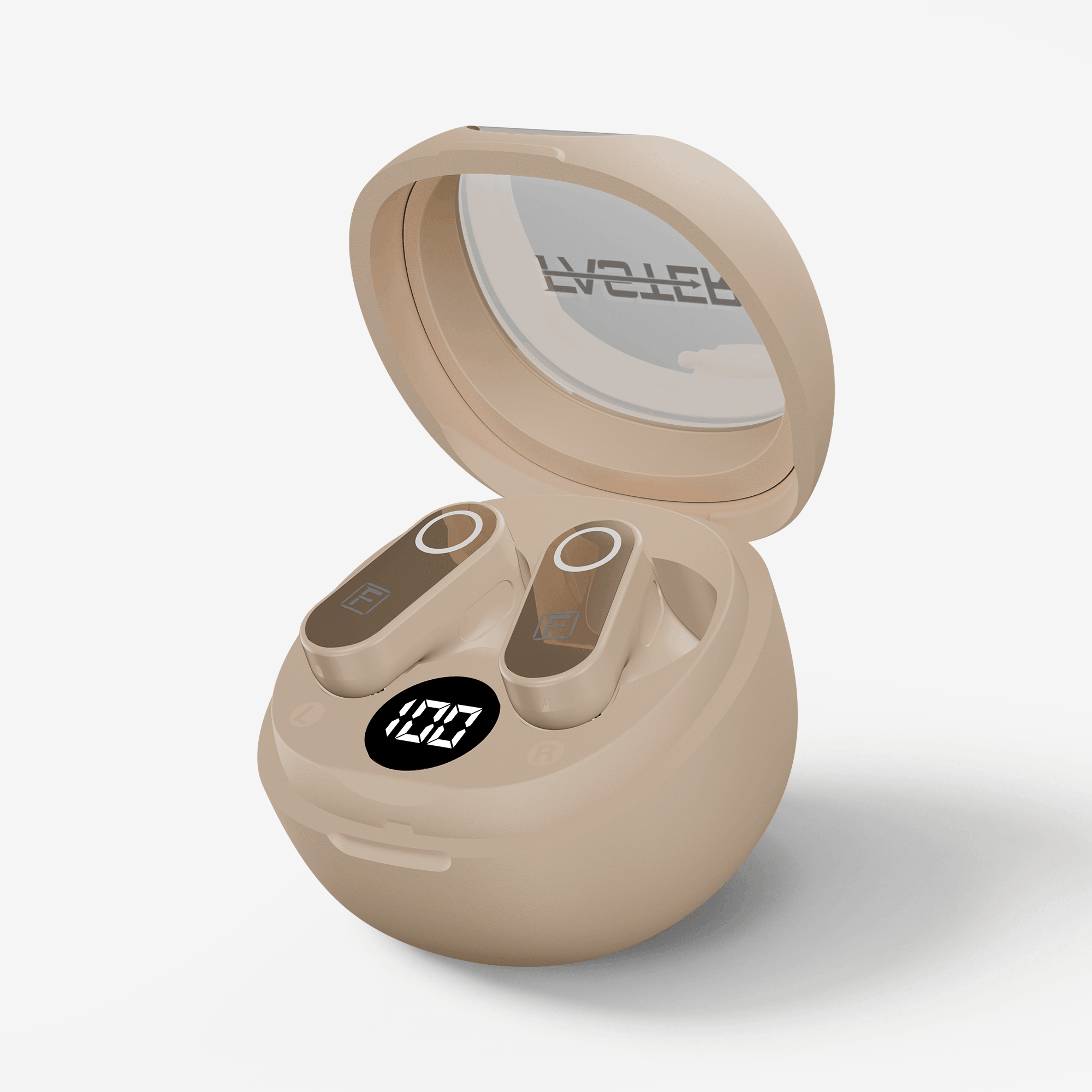 A pair of wireless earbuds in a matching beige charging case, shown open on a light gray background. The case has a digital battery percentage display showing 100% and the brand name 'FASTER' is visible on the inside of the lid.