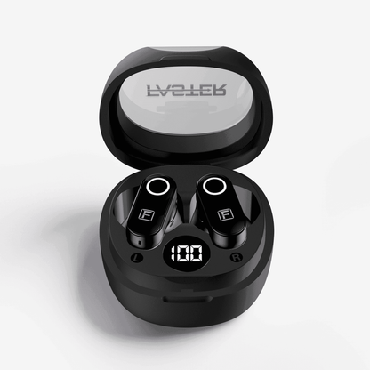 Black wireless earbuds in an open oval charging case with a digital battery display showing 100%, on a light gray background. The brand name 'FASTER' is visible on the inside of the lid.