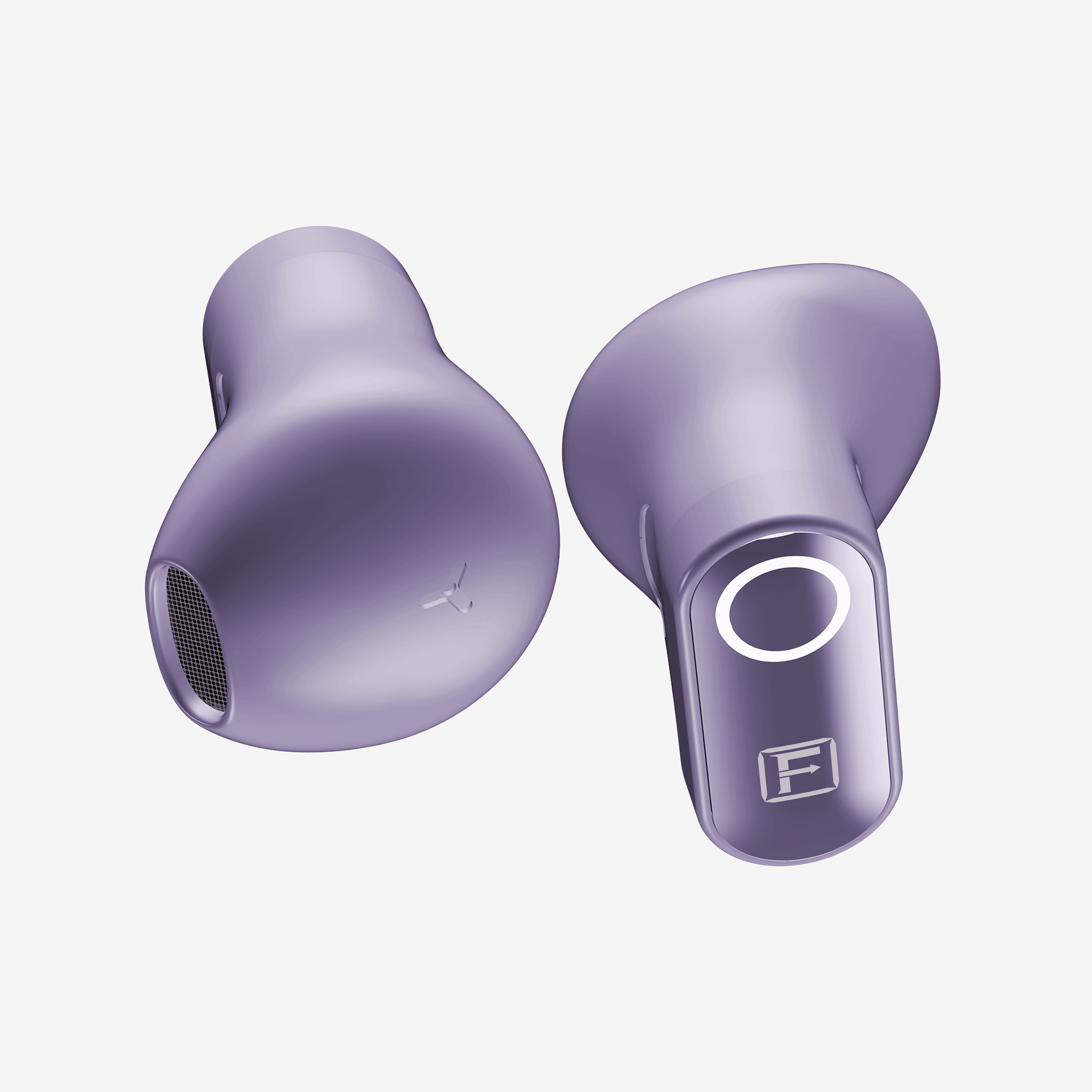 Two lavender-purple wireless earbuds shown on a clean, light off-white background. One earbud is oriented to show the outer surface with a subtle logo, and the other shows the inner surface with a circular opening and a stylized 'F' logo.