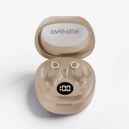 A pair of beige wireless earbuds in an open matching charging case, shown on a clean white background. The case lid has the brand name 'FASTER' printed on it, and the front of the case features a small digital LED display showing '100'.