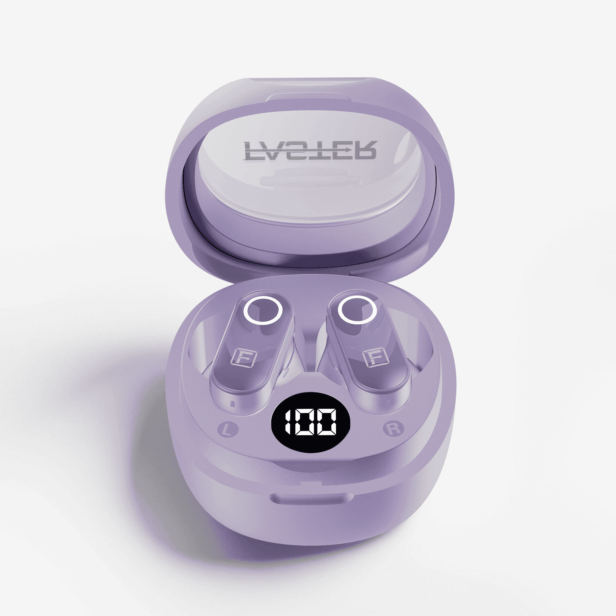 A pair of lavender wireless earbuds in their open charging case, shown on a clean white background. The brand name 'FASTER' is visible on the inside of the lid, and a digital display on the front shows '100'.