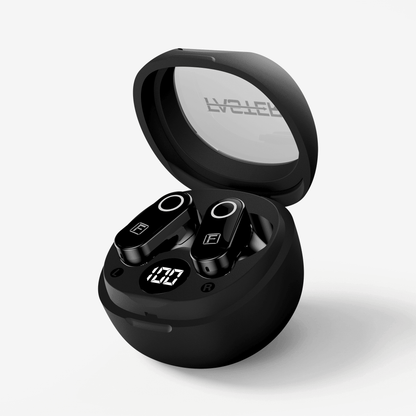 Black true wireless earbuds in an open round charging case, shown on a clean light gray background. The case lid has a transparent window with the brand name 'FASTER' visible inside, and the earbuds have circular touch controls.