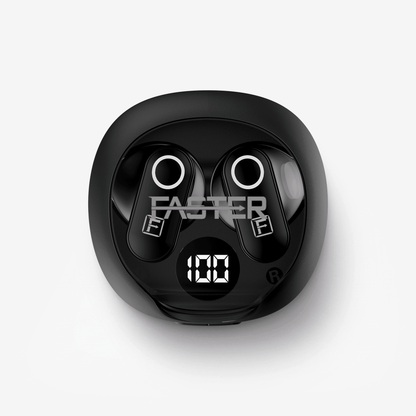 A pair of black wireless earbuds resting inside their matching black charging case, which features a glossy finish, circular ear hooks, and a digital display showing '100'.