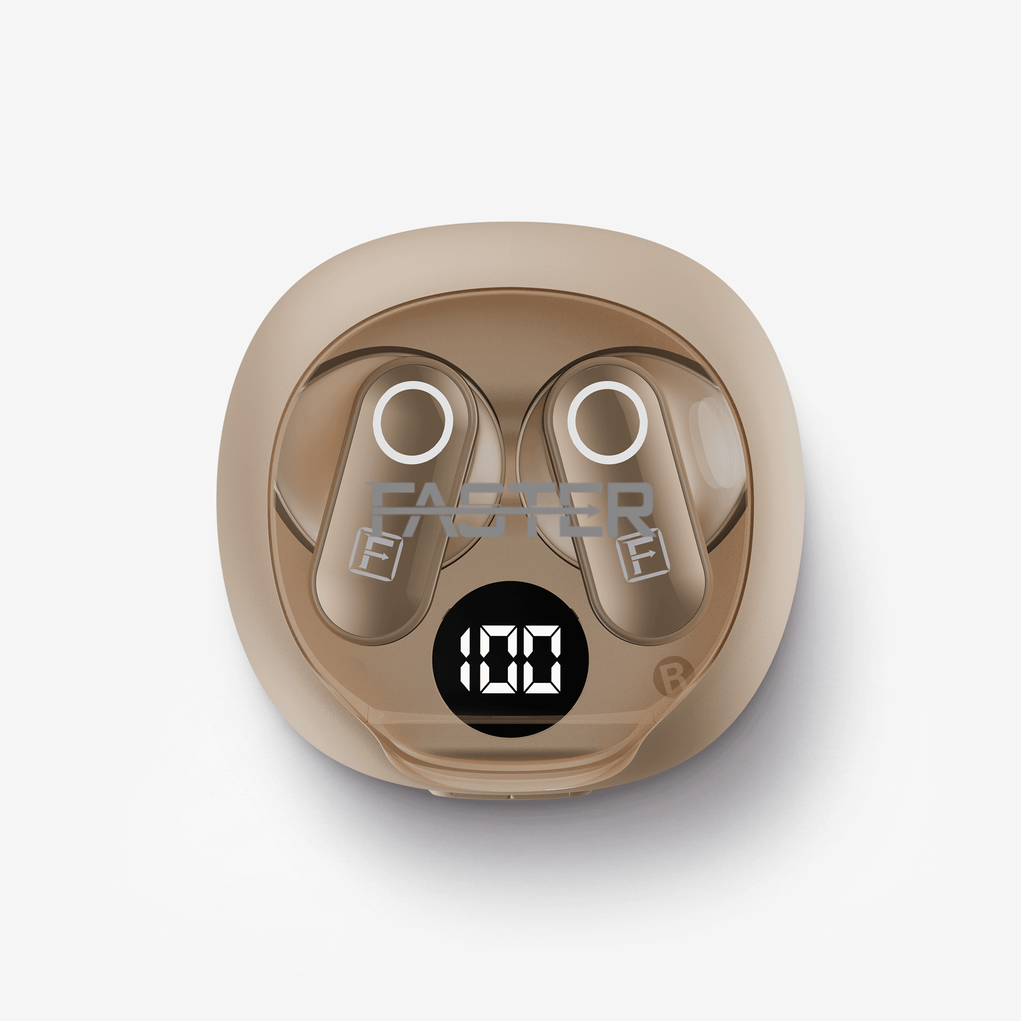 A pair of wireless earbuds in a matching metallic champagne-colored charging case, shown from a top-down view on a light gray background. The case features a digital display showing '100' and a translucent 'FAPER' brand logo overlay.