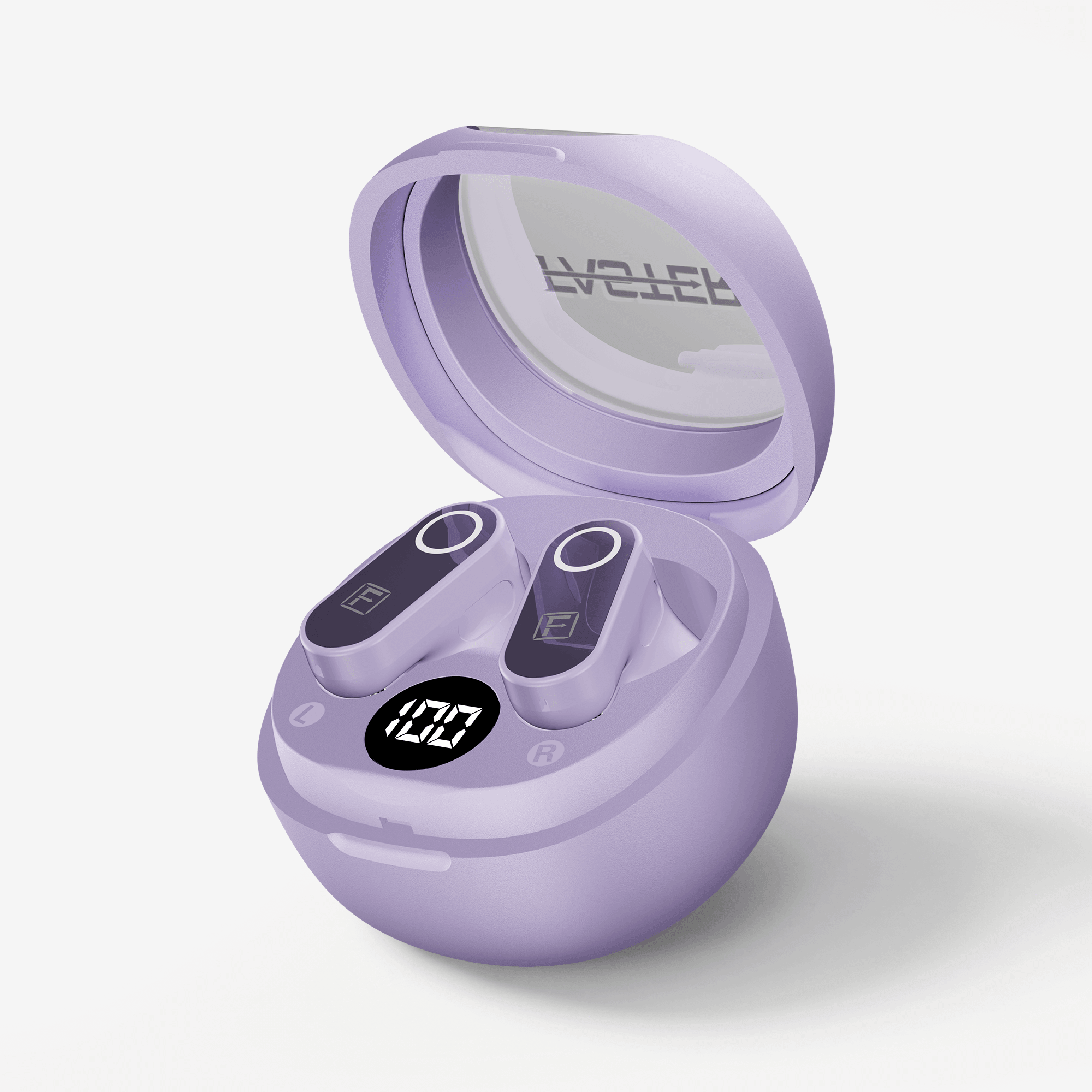 A pair of wireless earbuds in a matching lavender charging case, shown with the lid open on a light gray background. The case features a digital battery display showing 100% and the brand name 'FASTER' is visible on the inside of the lid.