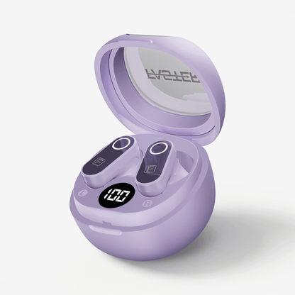 A pair of wireless earbuds in a matching lavender charging case, shown with the lid open on a light gray background. The case features a digital battery display showing 100% and the brand name 'FASTER' is visible on the inside of the lid.