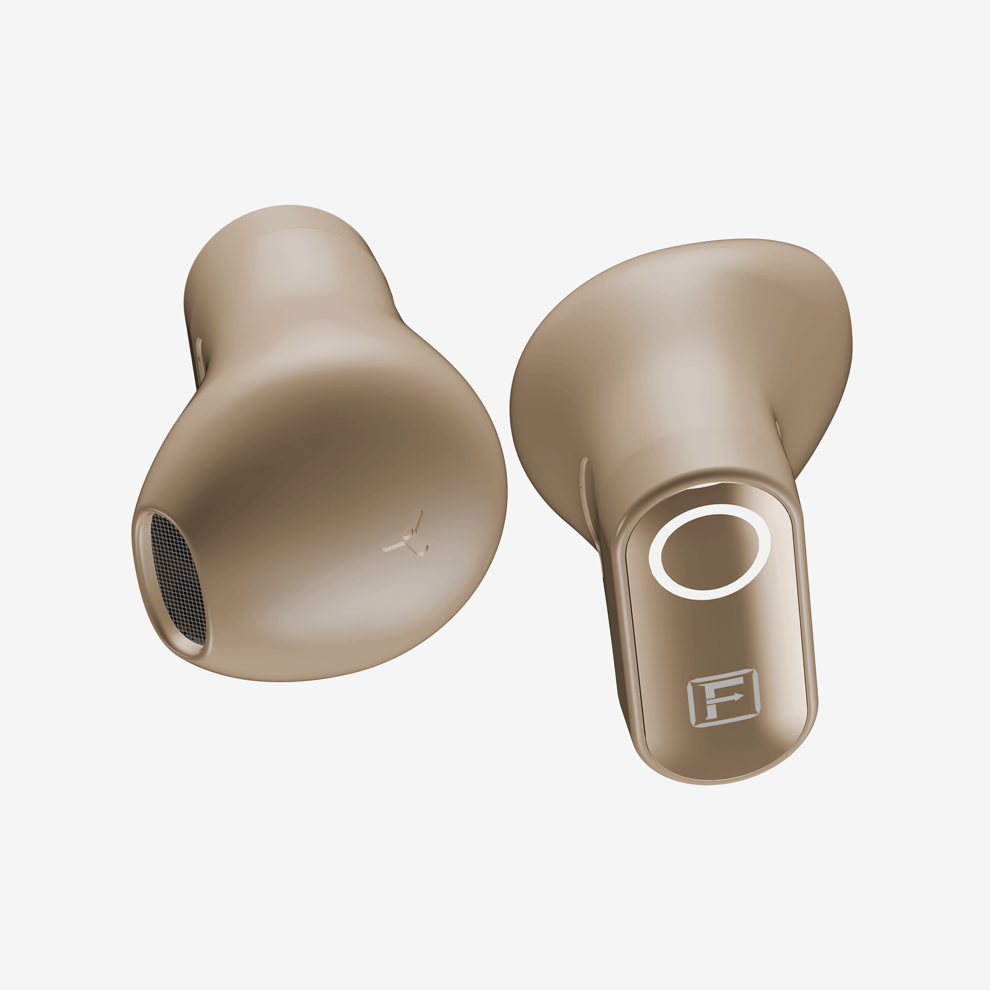 Two Focal wireless in-ear earbuds in a champagne gold finish, shown from the front and side against a light gray background.