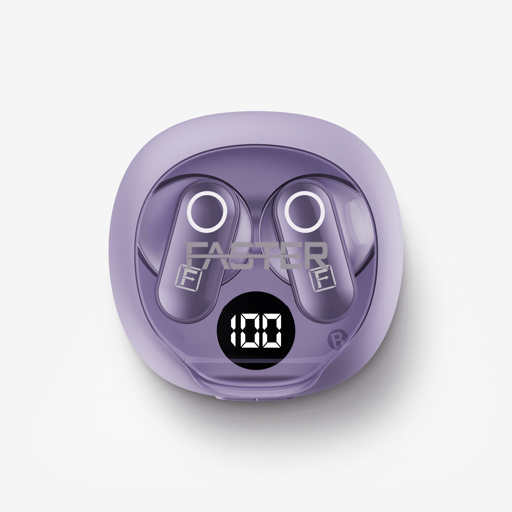 A pair of purple wireless earbuds resting inside their matching charging case, which features a digital display showing '100' and a translucent 'FASTER' logo overlay, set against a clean white background.