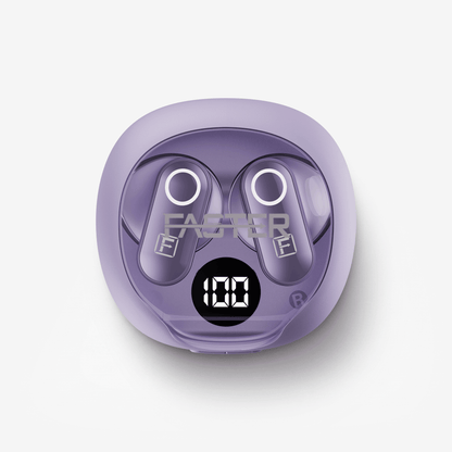 A pair of purple wireless earbuds resting inside their matching charging case, which features a digital display showing '100' and a translucent 'FASTER' logo overlay, set against a clean white background.