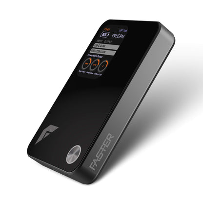 A sleek black portable power bank with a digital display screen and a silver circular button, shown at an angle on a white background. The brand name 'FASTER' is printed vertically on the side.