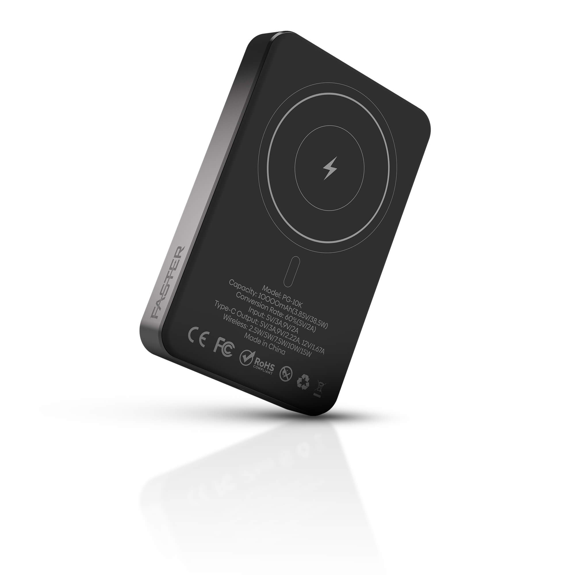 A black rectangular portable power bank with rounded corners, shown at an angle on a white background. The back features a circular wireless charging symbol with a lightning icon in the center, along with regulatory marks and the brand name 'FASTER' printed vertically on the side.